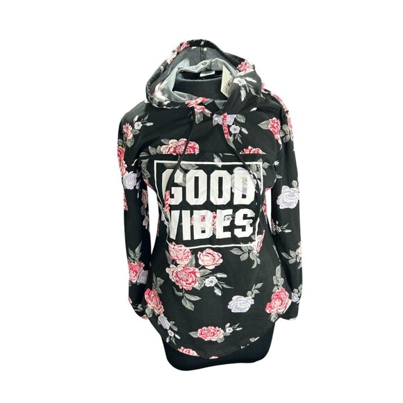 Infinite Performance Tops - Good Vibes Floral Print Hoodie Sweatshirt Black Pink Roses Womens M Infinite Per